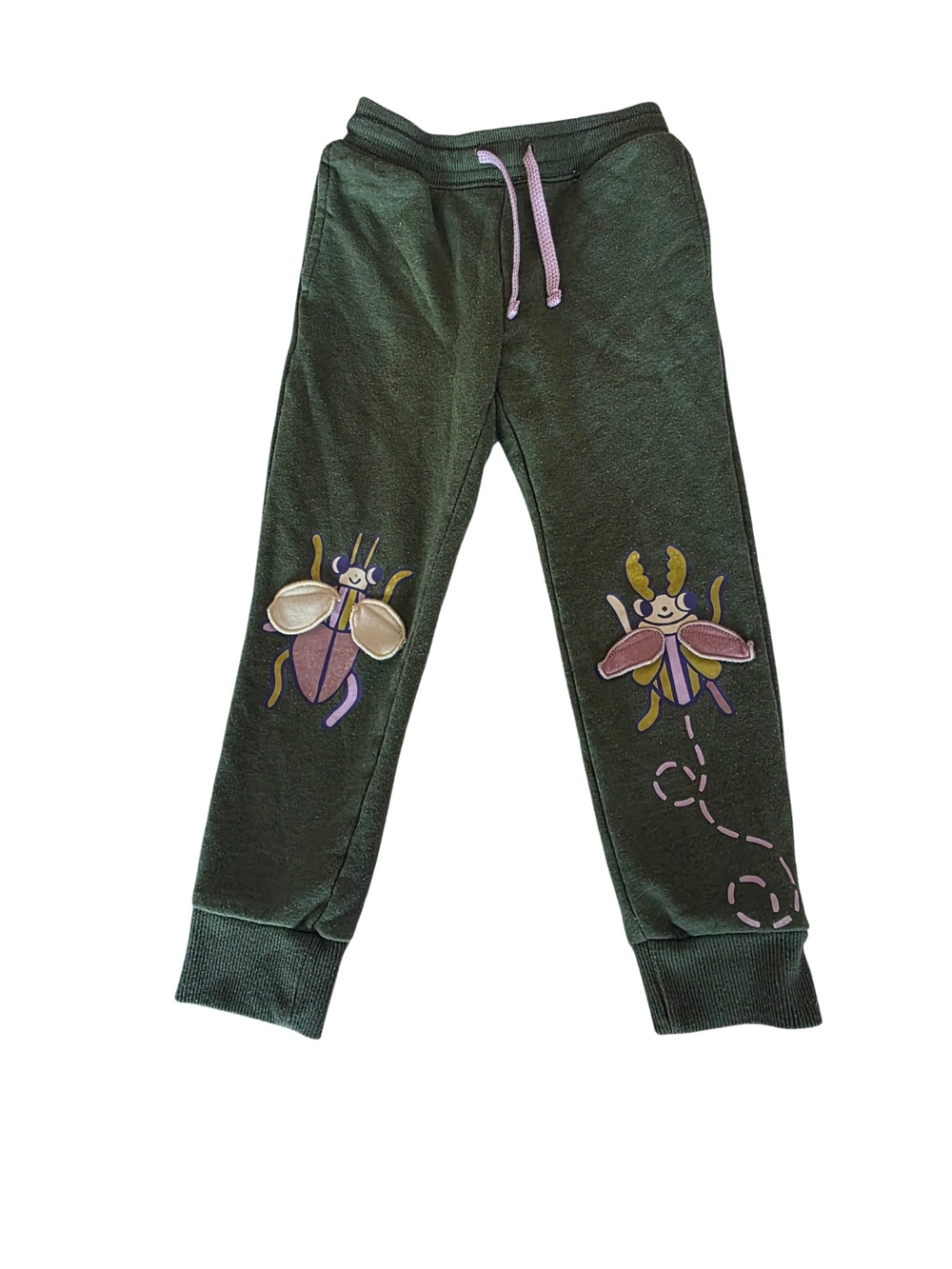 Cat & Jack Forest Green Sweatpants with Pink Drawstring & Beetle Appliqués